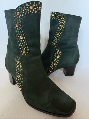 VTG Diro-Go Forest Green Suede Crystal Embellished Ankle Boots Block Heel US 7
